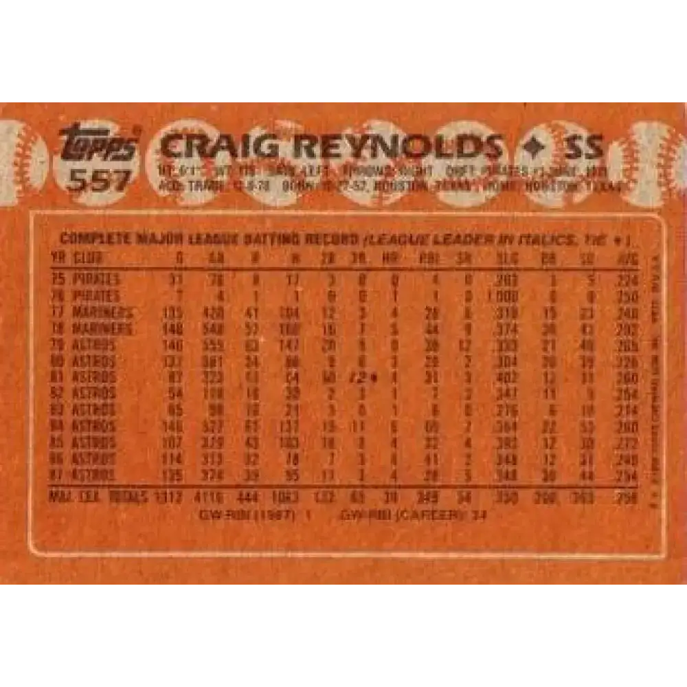 1988 Topps #557 Craig Reynolds NM-MT Houston Astros Baseball Card - Baseball Card Single