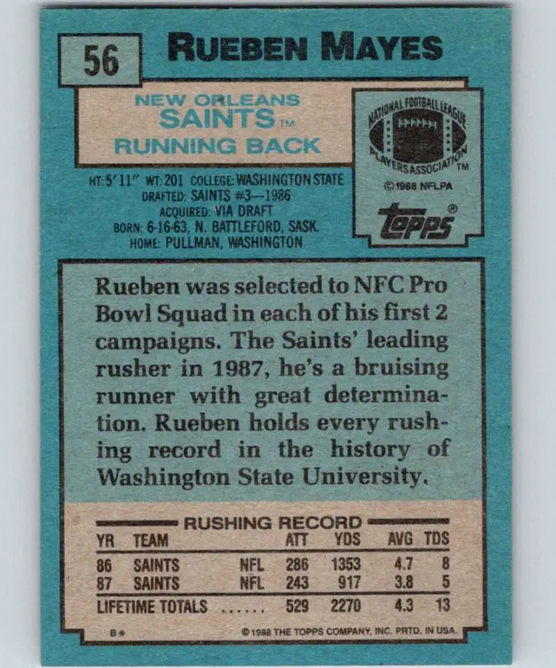 1988 Topps #56 Rueben Mayes EX Excellent New Orleans Saints Football Card - Football Card Single