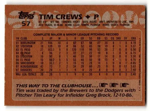 Original gloss 1988 Topps Tim Crews Los Angeles Dodgers baseball card