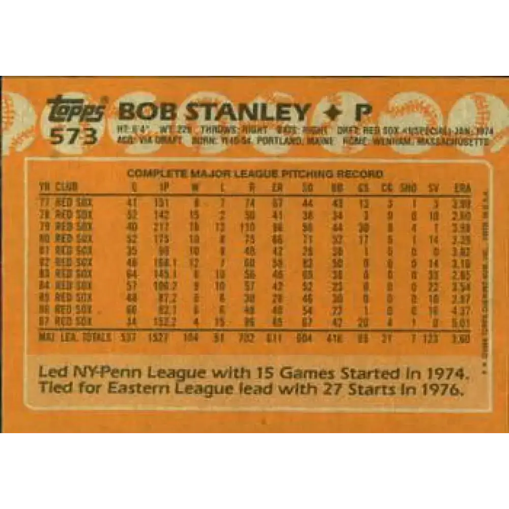1988 Topps #573 Bob Stanley NM-MT Boston Red Sox Baseball Card - Baseball Card Single