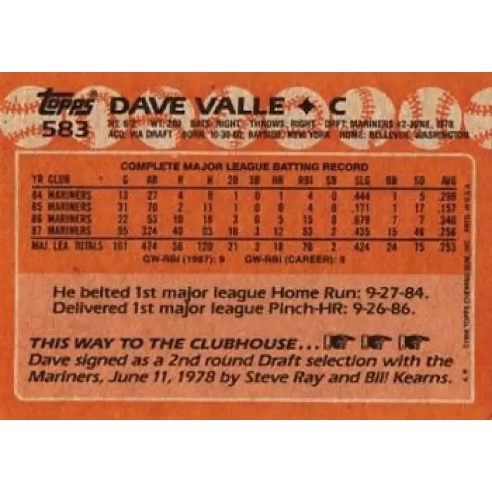 1988 Topps #583 Dave Valle NM-MT Seattle Mariners Baseball Card - Baseball Card Single