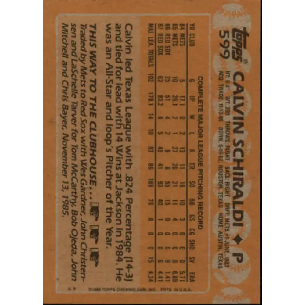 1988 Topps #599 Calvin Schiraldi NM-MT Boston Red Sox Baseball Card - Baseball Card Single