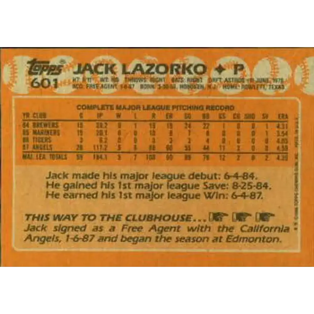 1988 Topps #601 Jack Lazorko NM-MT California Angels Baseball Card - Baseball Card Single
