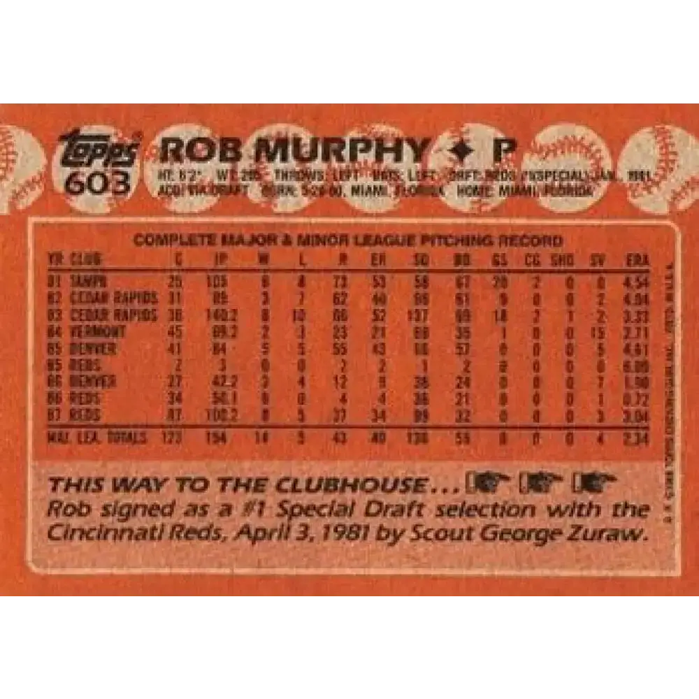 1988 Topps #603 Rob Murphy NM-MT Cincinnati Reds Baseball Card - Baseball Card Single