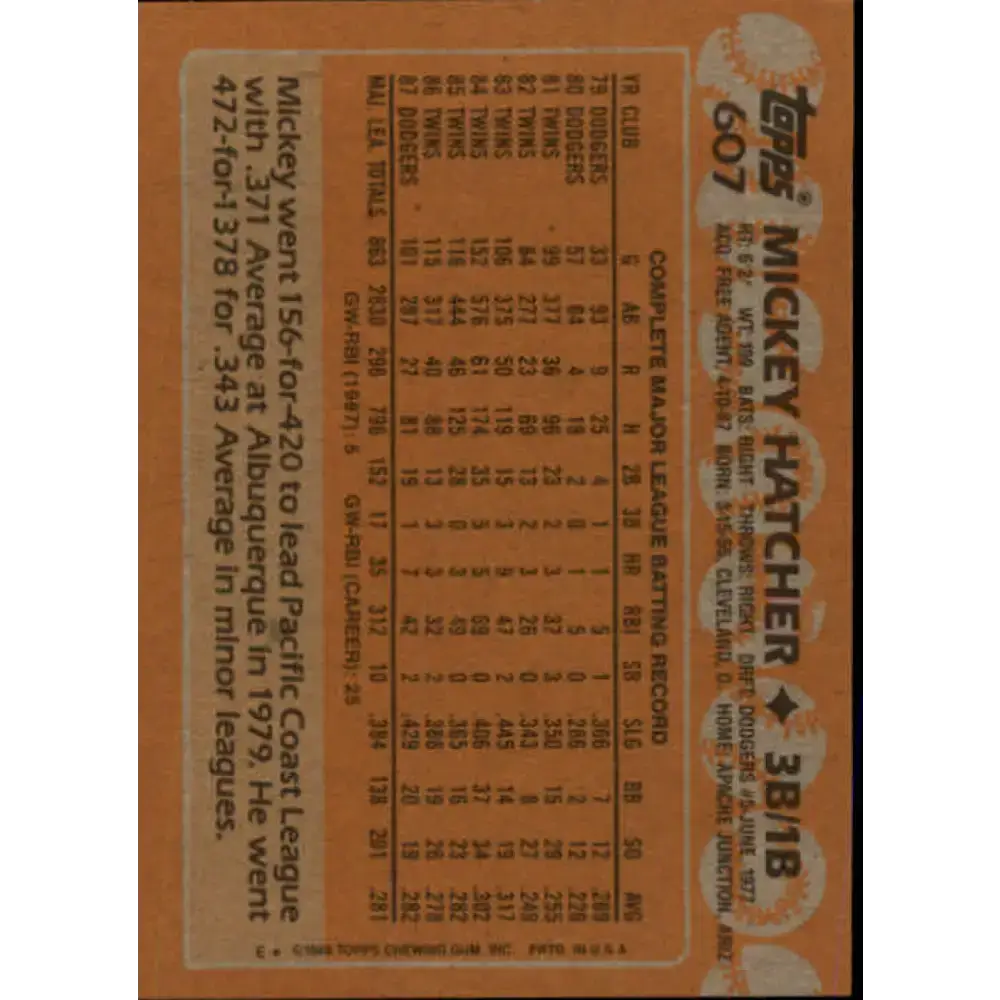 1988 Topps #607 Mickey Hatcher NM-MT Los Angeles Dodgers Baseball Card - Baseball Card Single