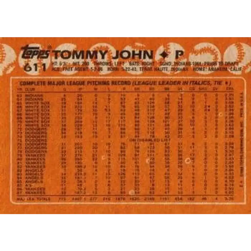 1988 Topps #611 Tommy John NM-MT New York Yankees Baseball Card - Baseball Card Single