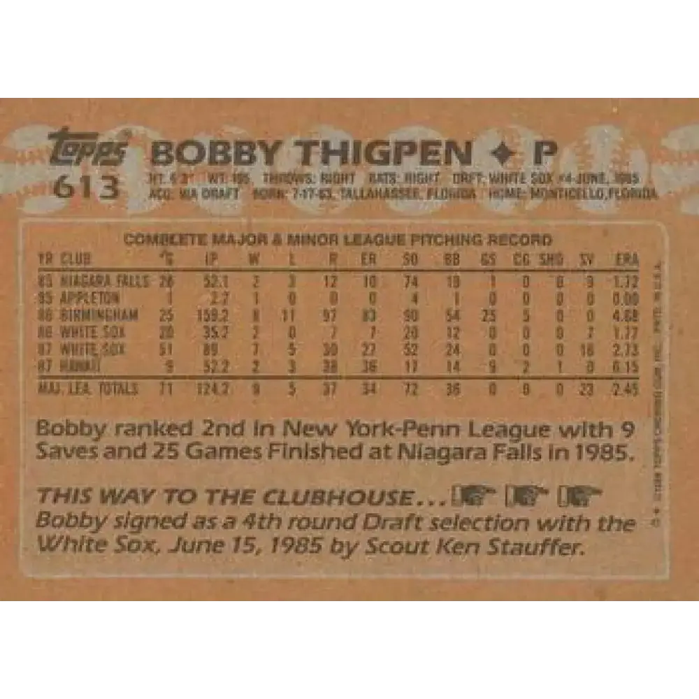 1988 Topps #613 Bobby Thigpen NM-MT Chicago White Sox Baseball Card - Baseball Card Single