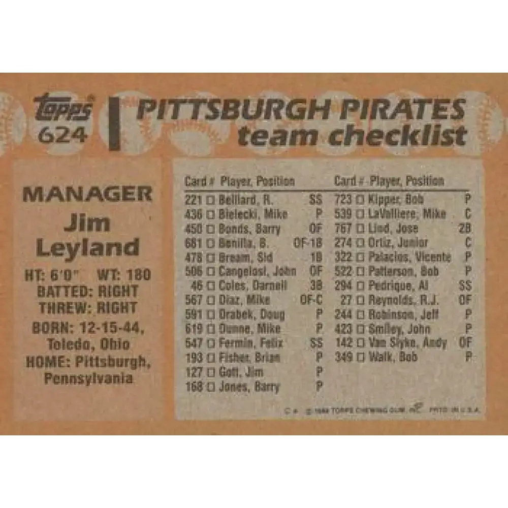 1988 Topps #624 Jim Leyland NM-MT Pittsburgh Pirates Baseball Card - Baseball Card Single