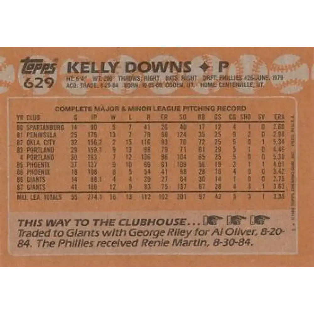 1988 Topps #629 Kelly Downs NM-MT San Francisco Giants Baseball Card - Baseball Card Single