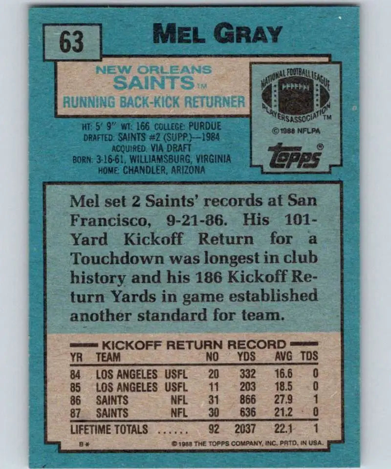 1988 Topps #63 Mel Gray EX Excellent RC Rookie New Orleans Saints Football Card - Football Card Single
