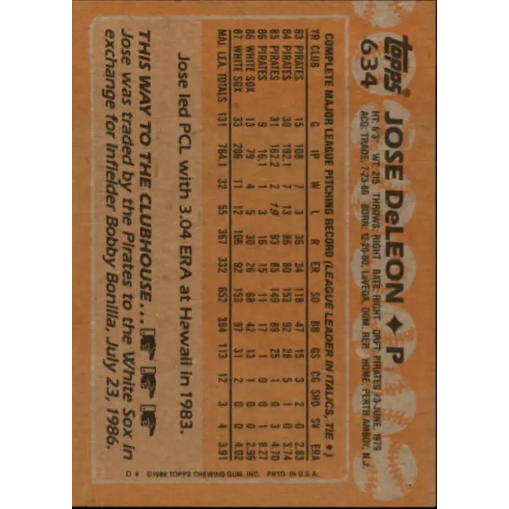1988 Topps #634 Jose DeLeon NM-MT Chicago White Sox Baseball Card - Baseball Card Single