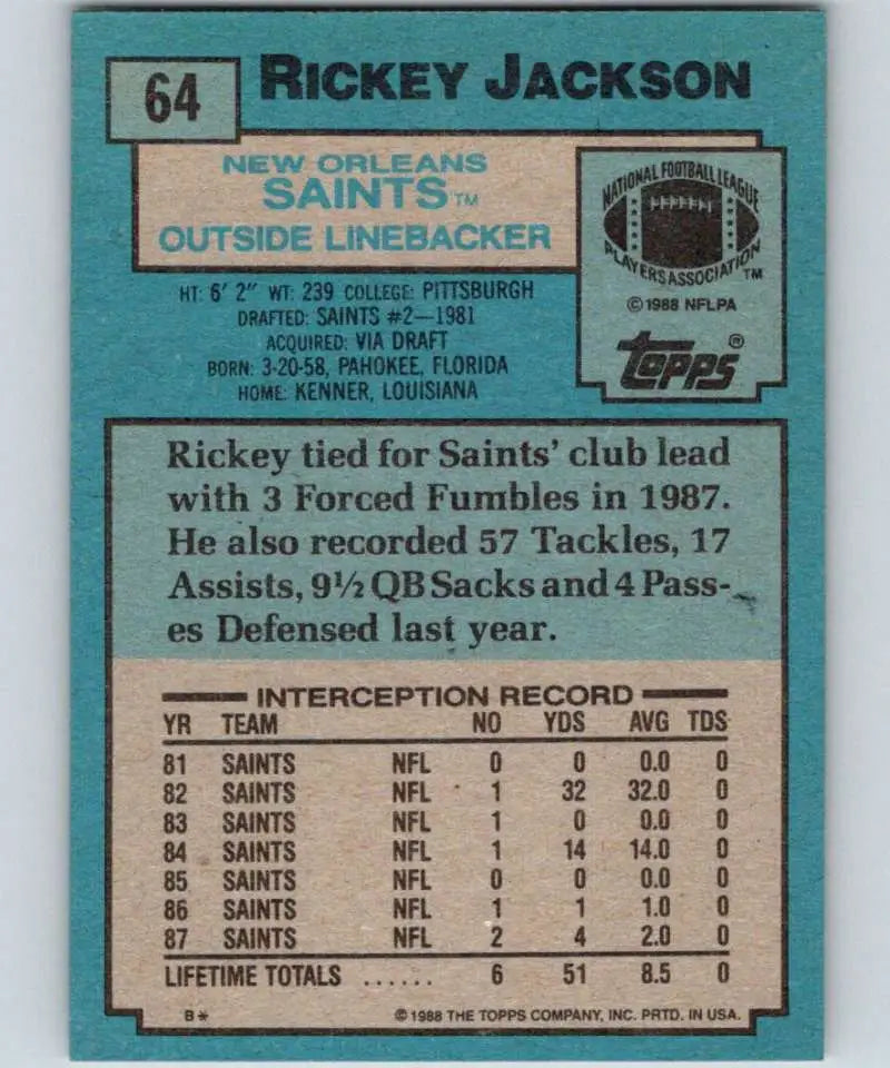 1988 Topps #64 Rickey Jackson EX Excellent New Orleans Saints Football Card - Football Card Single