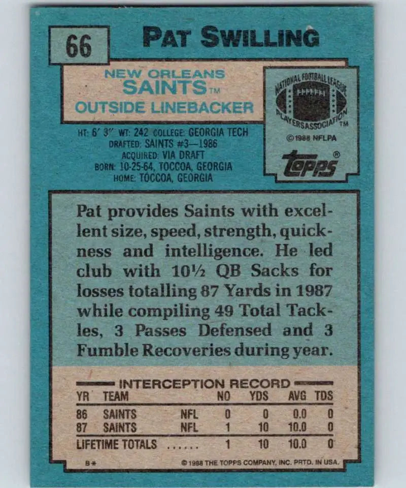 1988 Topps #66 Pat Swilling EX Excellent RC Rookie New Orleans Saints Football Card
