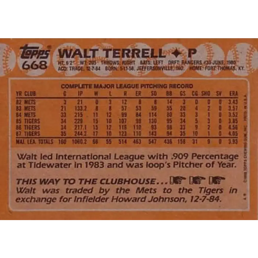 1988 Topps #668 Walt Terrell NM-MT Detroit Tigers Baseball Card - Baseball Card Single