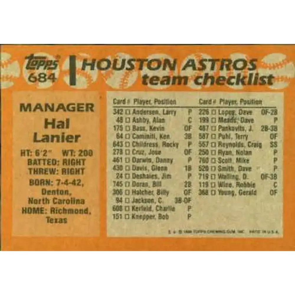 1988 Topps #684 Hal Lanier NM-MT Houston Astros Baseball Card - Baseball Card Single