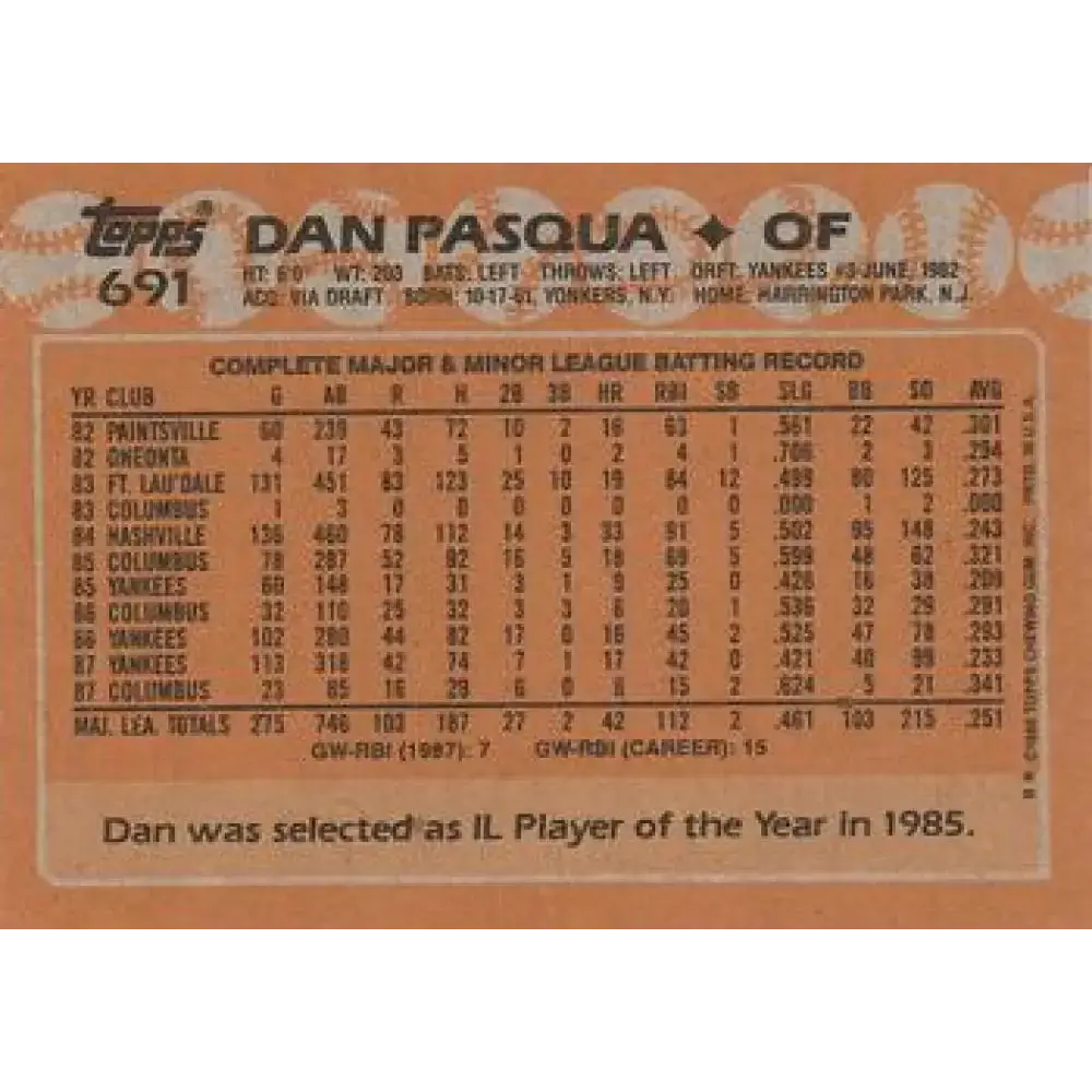 1988 Topps #691 Dan Pasqua NM-MT New York Yankees Baseball Card - Baseball Card Single