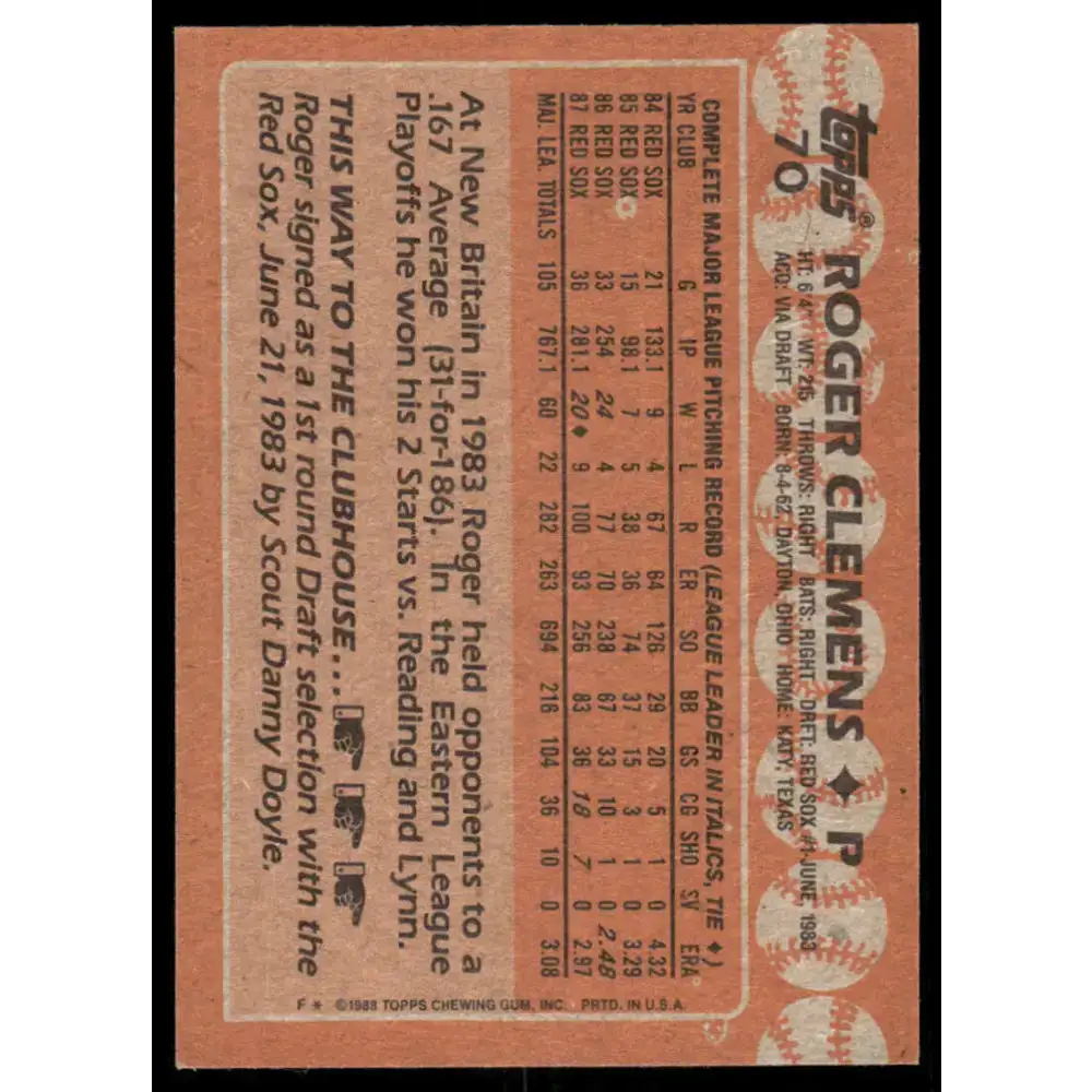 1988 Topps #70 Roger Clemens EX/NM Boston Red Sox Baseball Card - Baseball Card Single