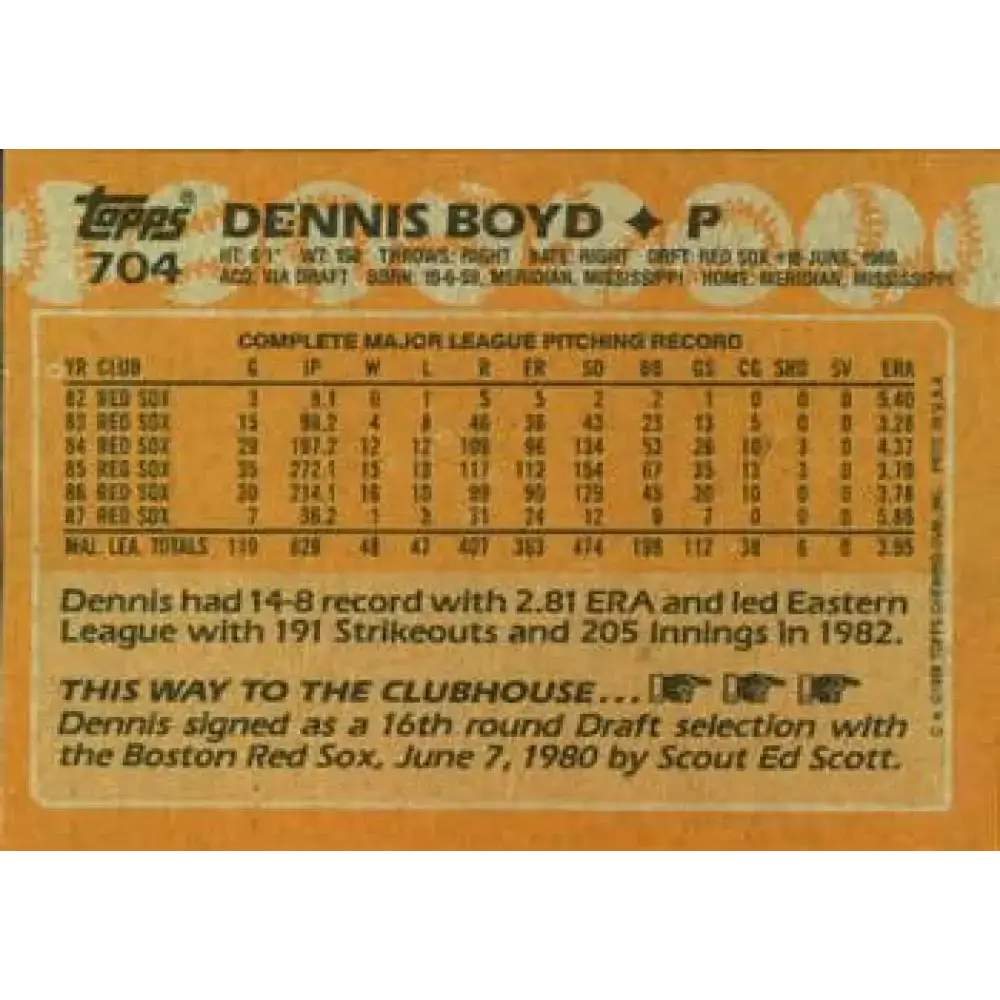 1988 Topps #704 Oil Can Boyd NM-MT Boston Red Sox Baseball Card - Baseball Card Single