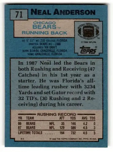 Original gloss Neal Anderson Chicago Bears football card from 1988 Topps #71