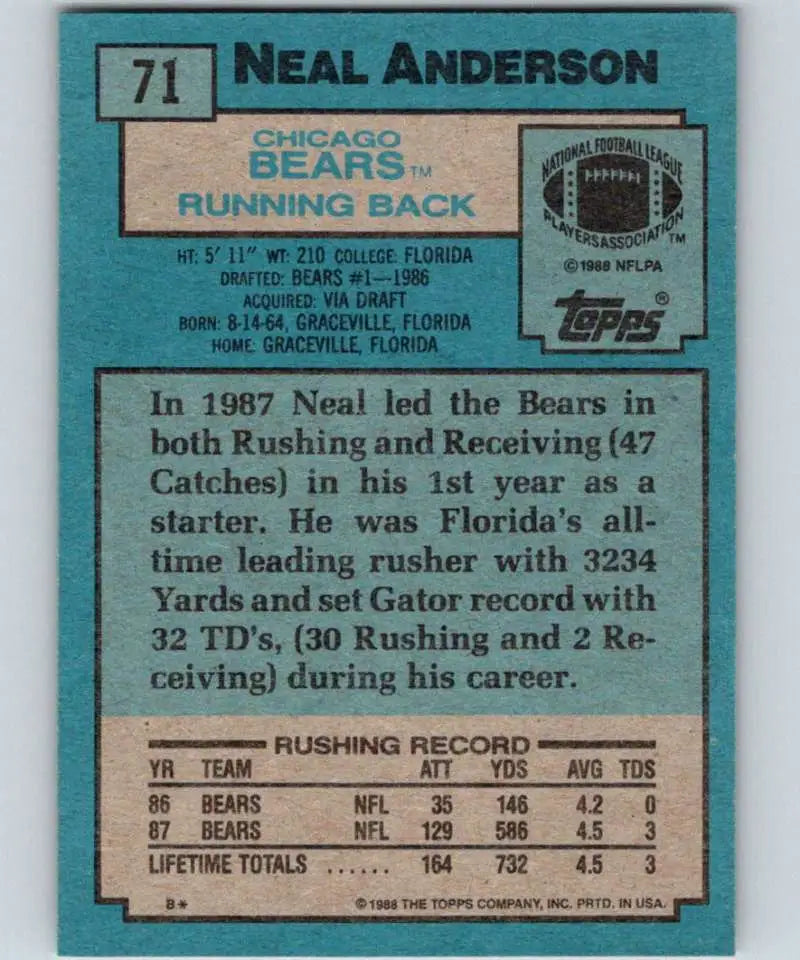 1988 Topps #71 Neal Anderson EX Excellent RC Rookie Chicago Bears Football Card - Football Card Single