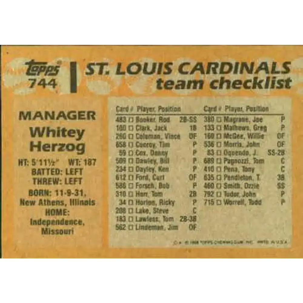 1988 Topps #744 Whitey Herzog NM-MT St. Louis Cardinals Baseball Card - Baseball Card Single