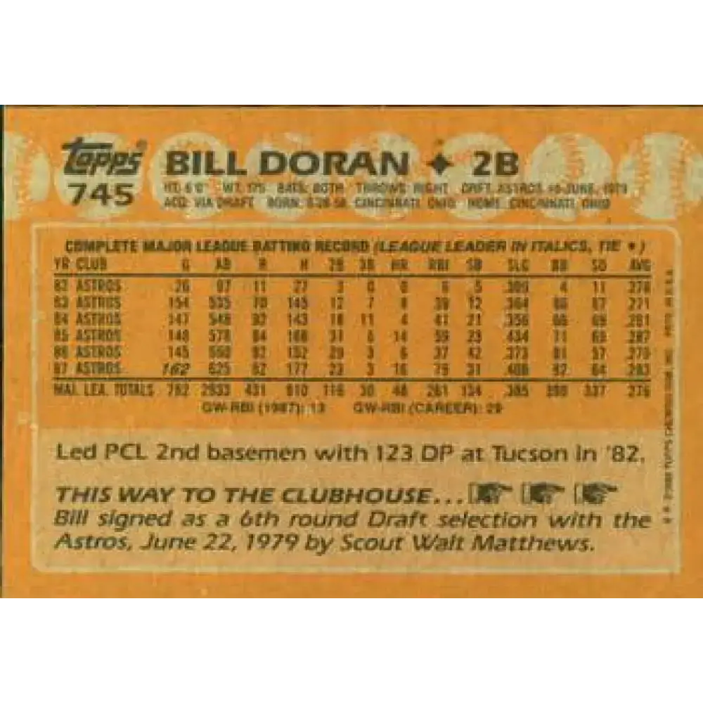 1988 Topps #745 Bill Doran NM-MT Houston Astros Baseball Card - Baseball Card Single