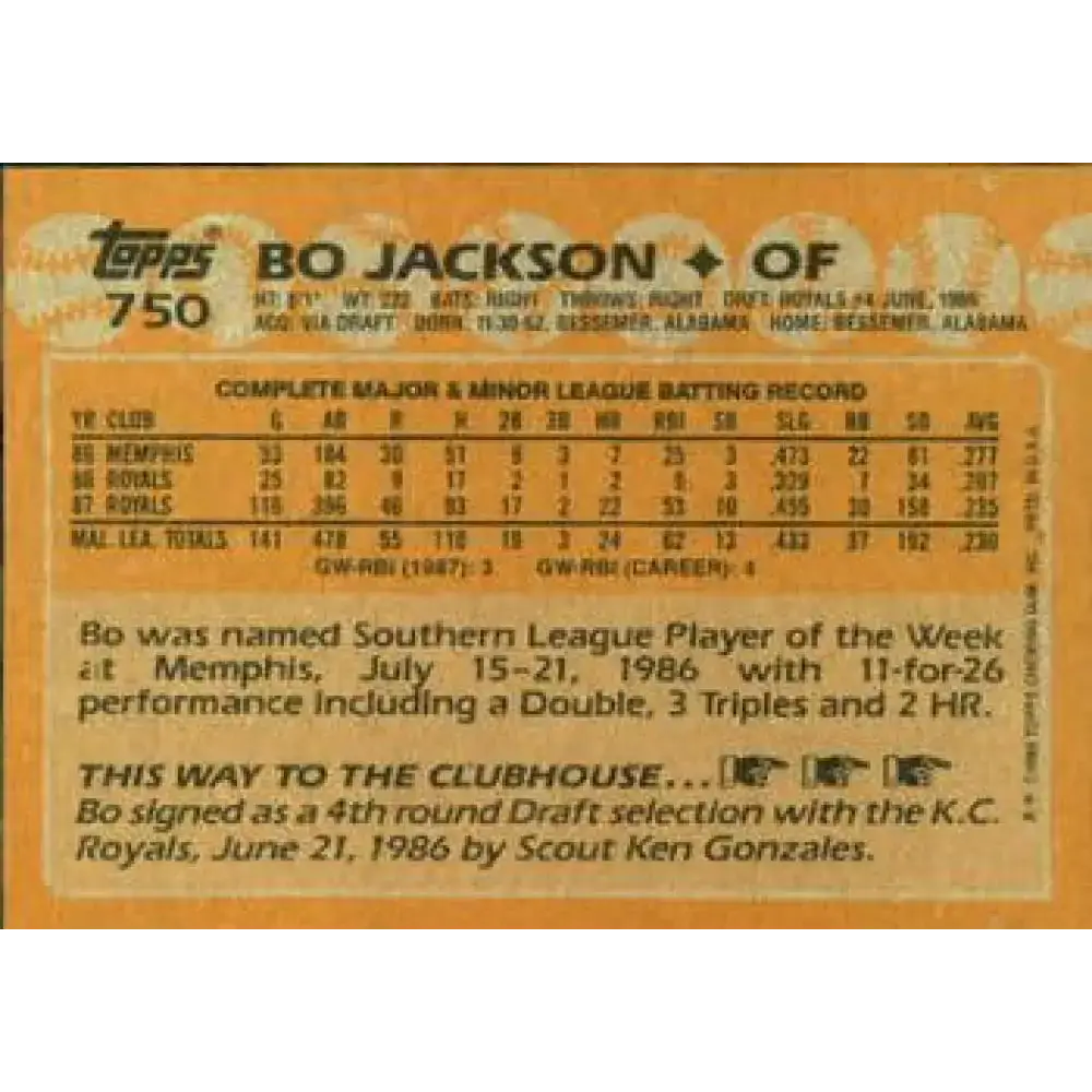 1988 Topps #750 Bo Jackson NM-MT Kansas City Royals Baseball Card - Baseball Card Single