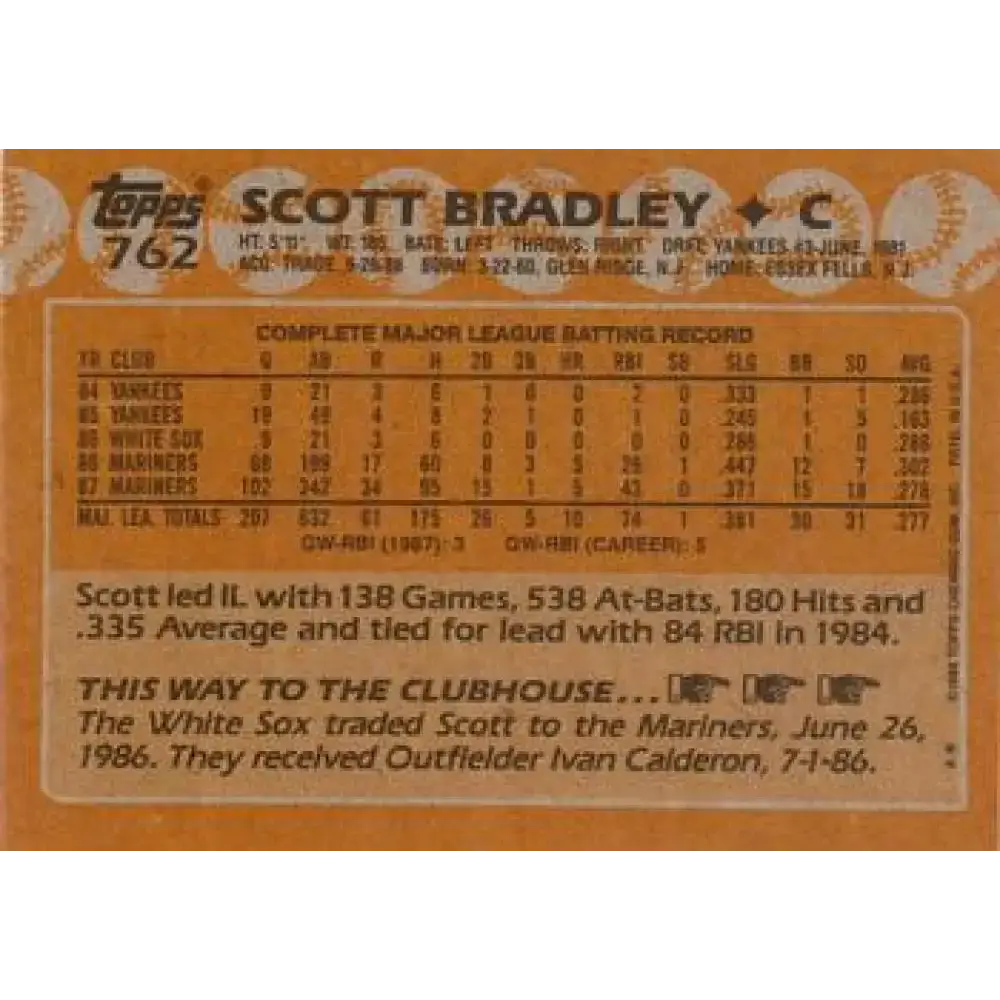 1988 Topps #762 Scott Bradley NM-MT Seattle Mariners Baseball Card - Baseball Card Single