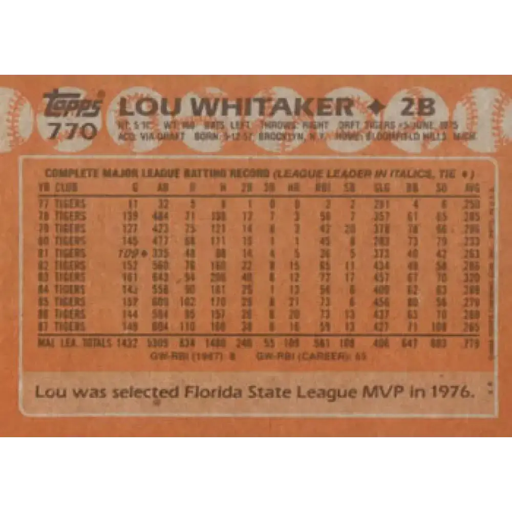 1988 Topps #770 Lou Whitaker NM-MT Detroit Tigers Baseball Card - Baseball Card Single