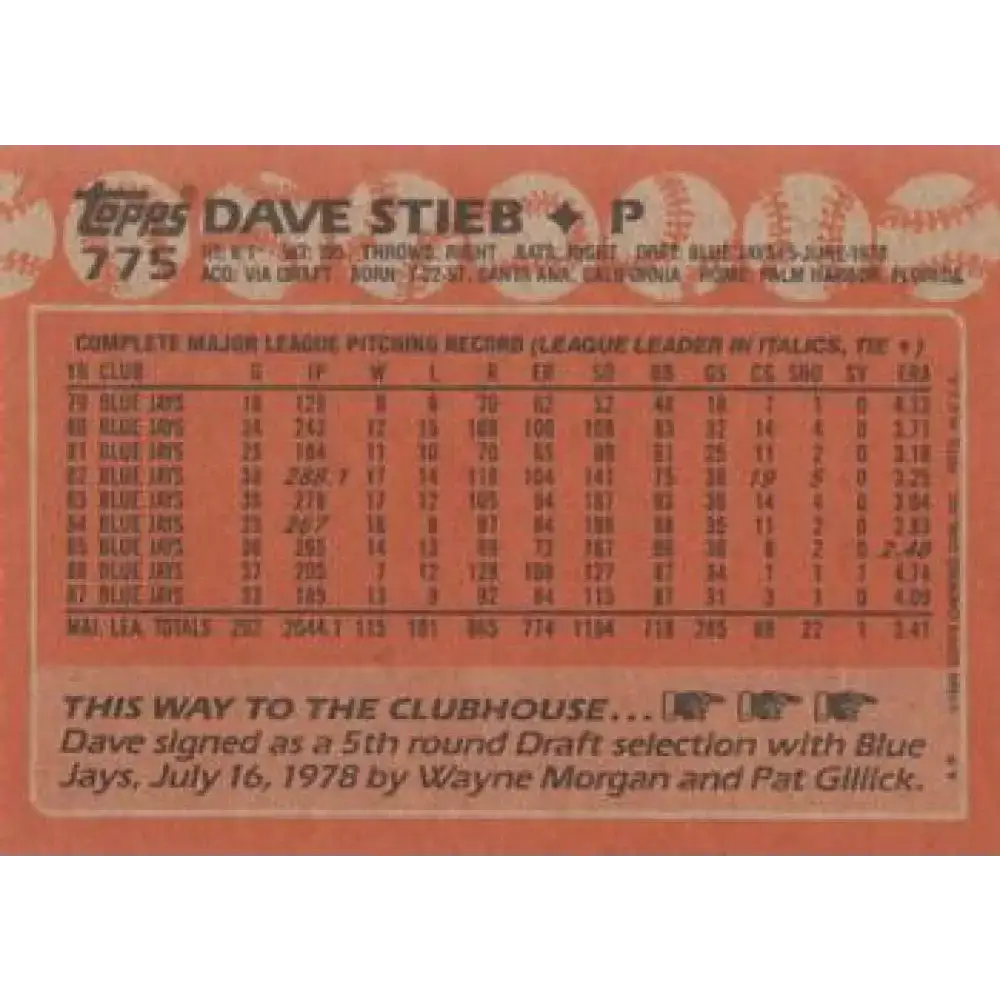 1988 Topps #775 Dave Stieb NM-MT Toronto Blue Jays Baseball Card - Baseball Card Single