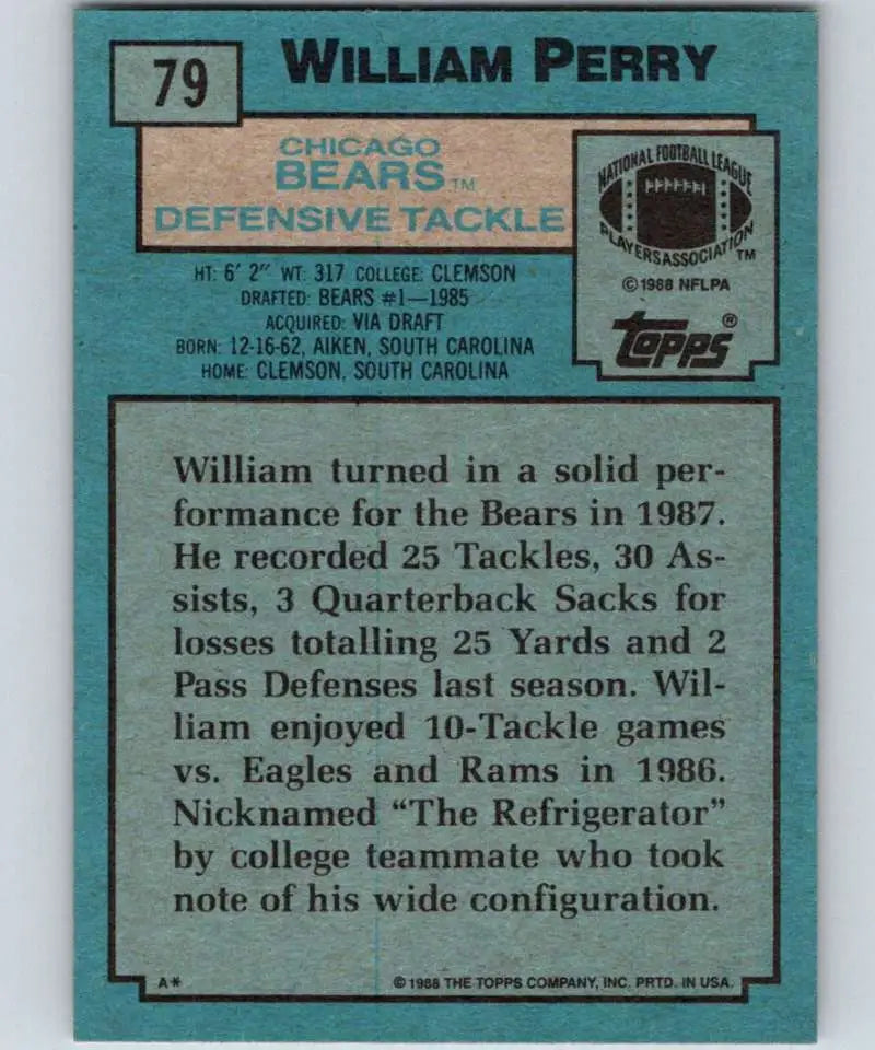 1988 Topps #79 William Perry EX Excellent Chicago Bears Football Card - Football Card Single