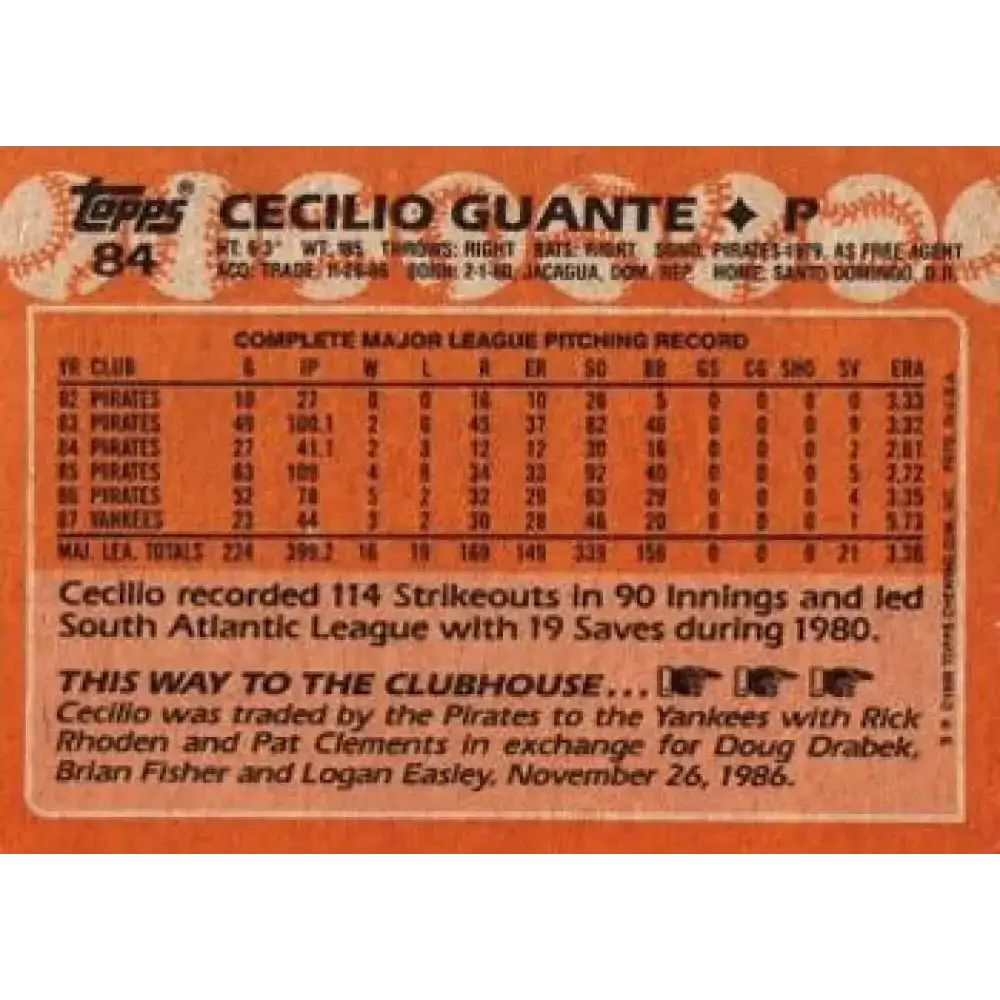 1988 Topps #84 Cecilio Guante NM-MT New York Yankees Baseball Card - Baseball Card Single