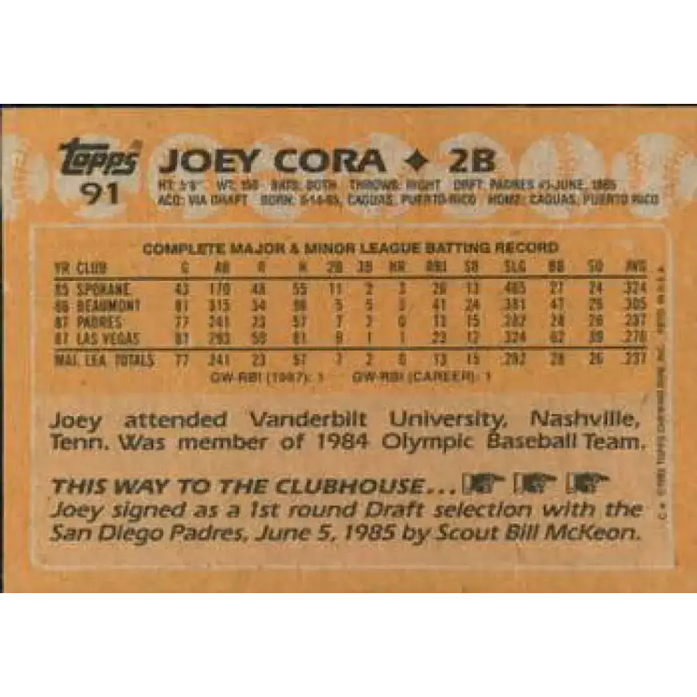 1988 Topps #91 Joey Cora NM-MT RC Rookie San Diego Padres Baseball Card - Baseball Card Single