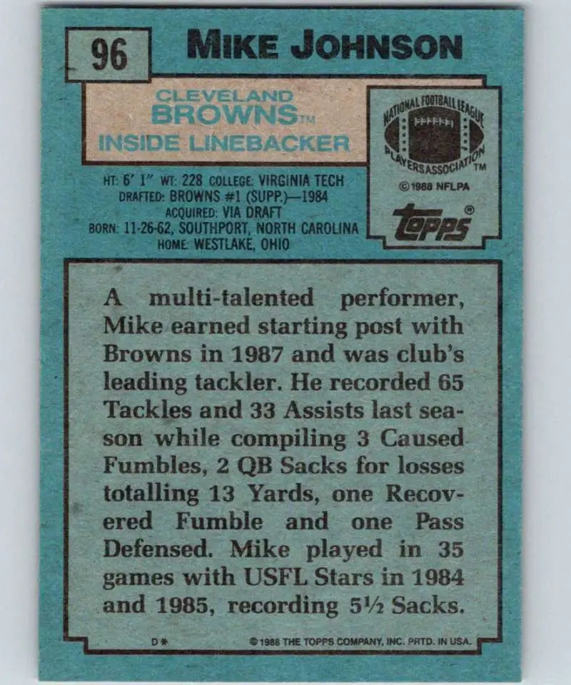 1988 Topps #96 Mike Johnson EX Excellent RC Rookie Cleveland Browns Football Card - Football Card Single