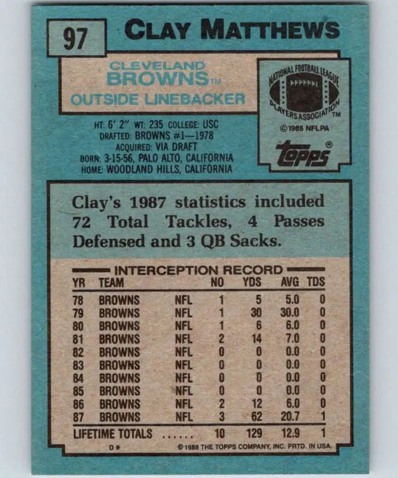 1988 Topps #97 Clay Matthews EX Excellent Cleveland Browns Football Card - Football Card Single