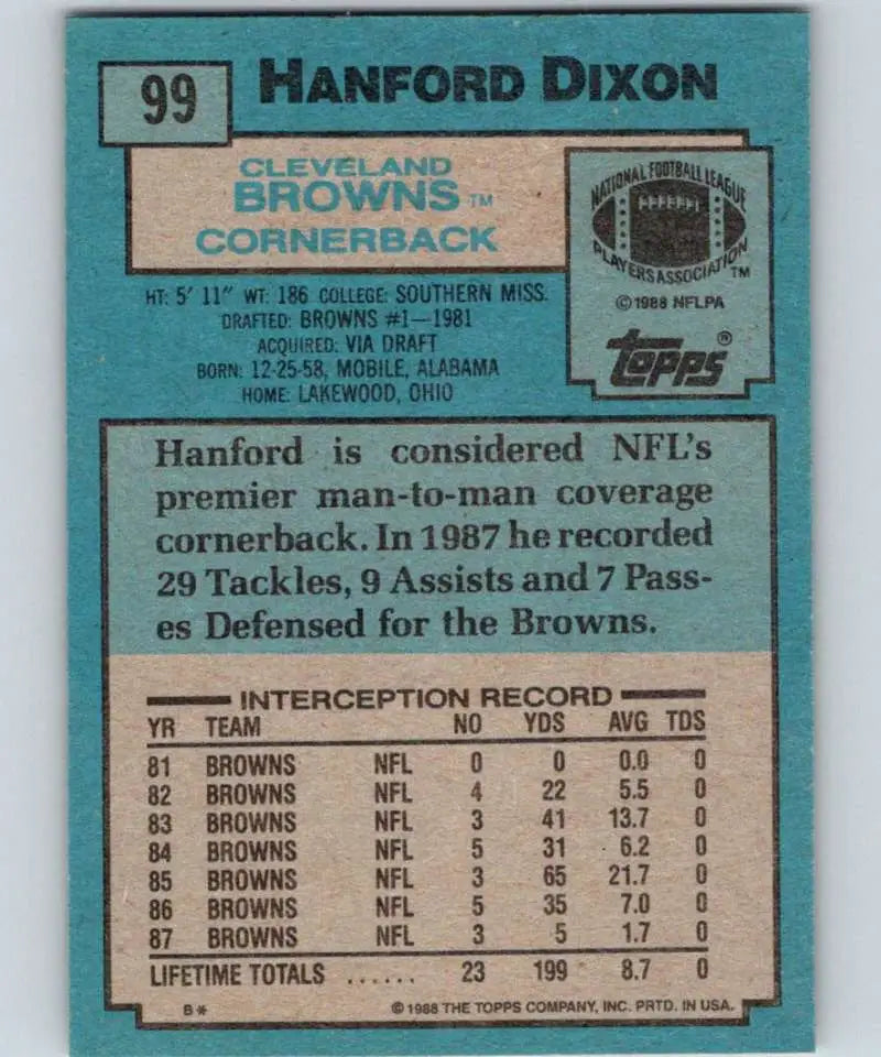 1988 Topps #99 Hanford Dixon EX Excellent Cleveland Browns Football Card - Football Card Single