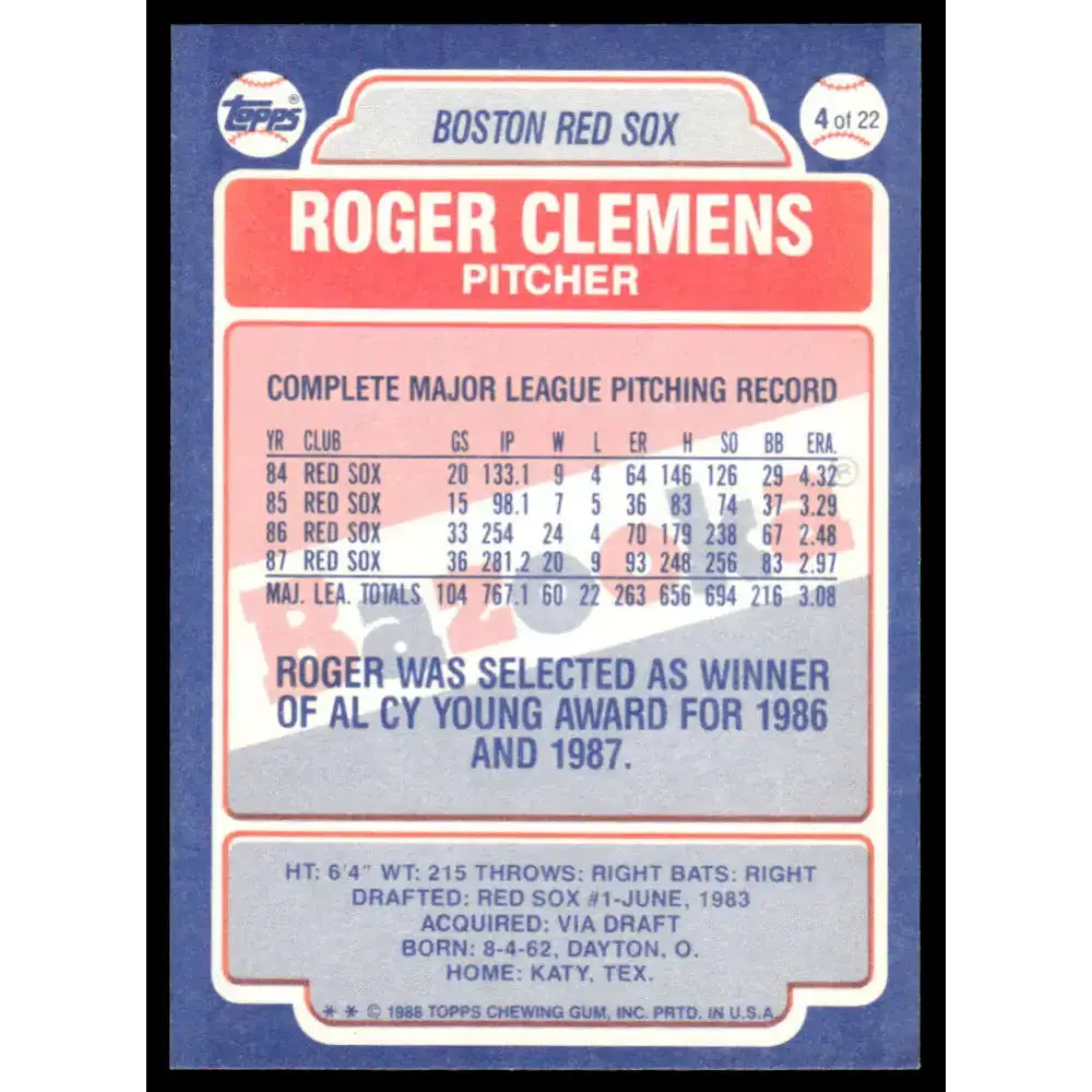 1988 Topps Bazooka #4 Roger Clemens EX/NM Boston Red Sox Baseball Card - Baseball Card Single