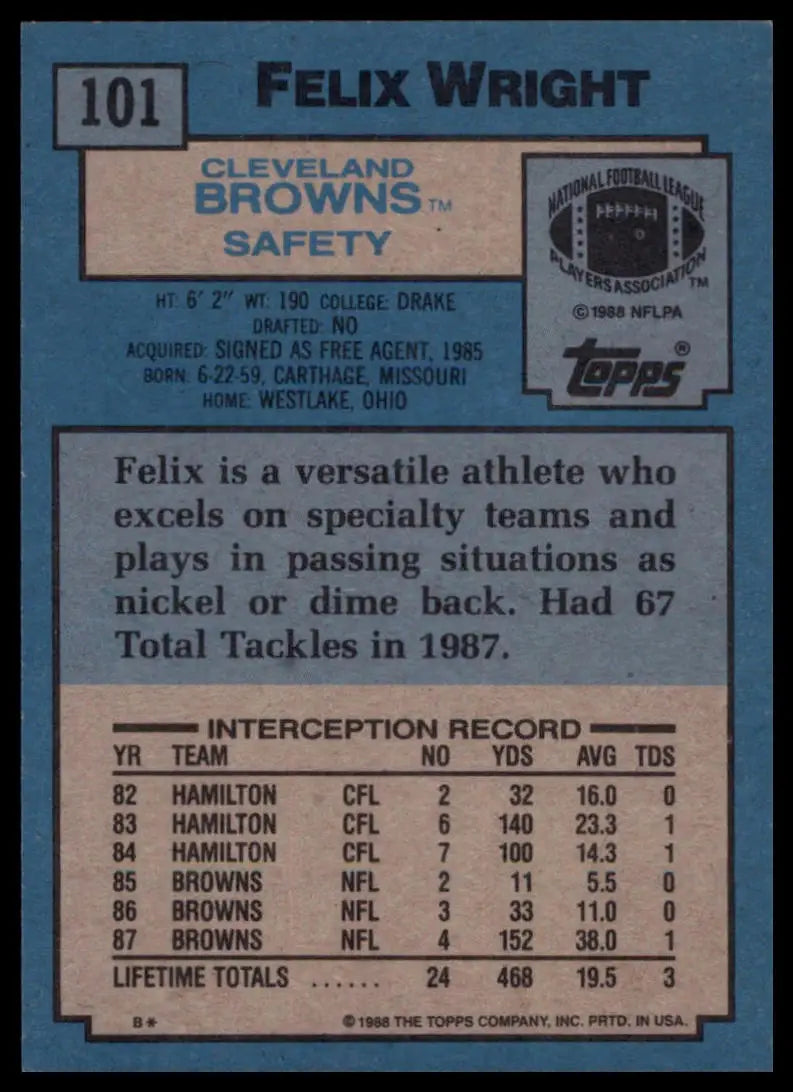 1988 Topps Felix Wright RC 101 Cleveland Browns NM - Football Card Single