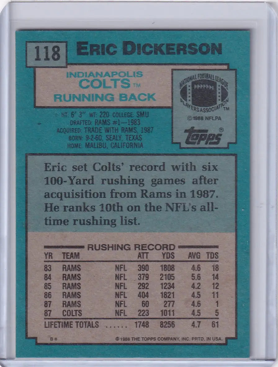 1988 Topps Football #118 Eric Dickerson card featuring Indianapolis Colts star player