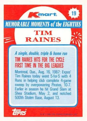 1988 Topps K-Mart Memorable Moments Tim Raines baseball card with original gloss