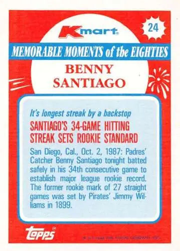 Original gloss of Benito Santiago baseball card from 1988 Topps K-Mart Memorable Moments series