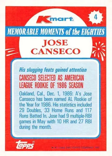 Original gloss Jose Canseco baseball card from 1988 Topps K-Mart Memorable Moments