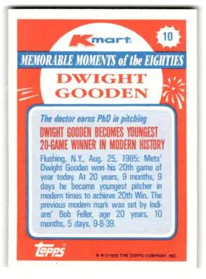 1988 Topps Kmart Memorable Moments #10 Dwight Gooden