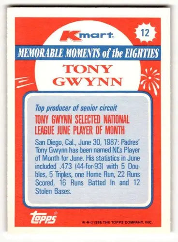 Original gloss Tony Gwynn baseball card from 1988 Topps Kmart Memorable Moments collection
