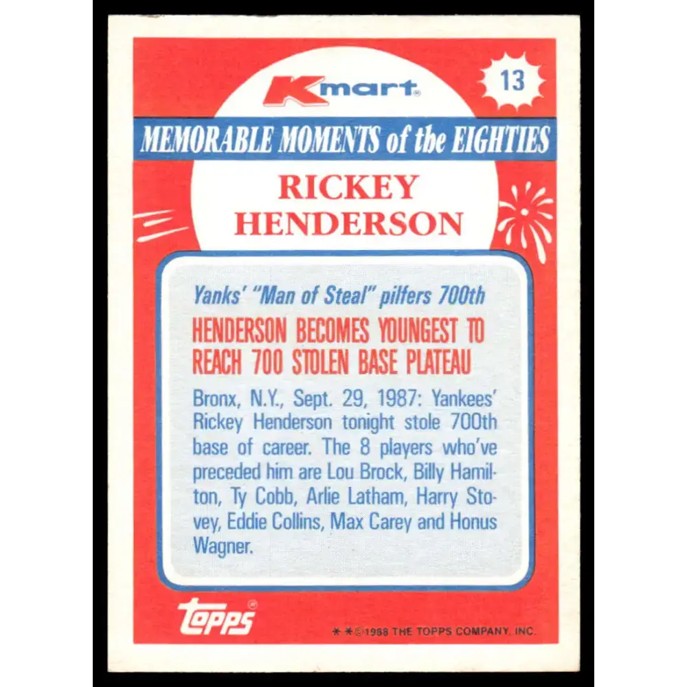 1988 Topps Kmart Memorable Moments #13 Rickey Henderson NM-MT New York Yankees Baseball Card