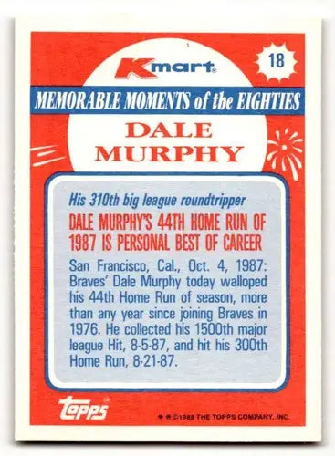 Original gloss 1988 Topps Kmart Memorable Moments Dale Murphy baseball card