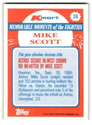 1988 Topps Kmart Memorable Moments #26 Mike Scott Houston Astros BASEBALL Cards