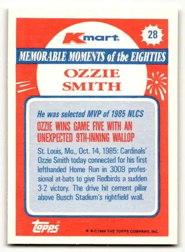 Ozzie Smith baseball card with original gloss from 1988 Topps Kmart series