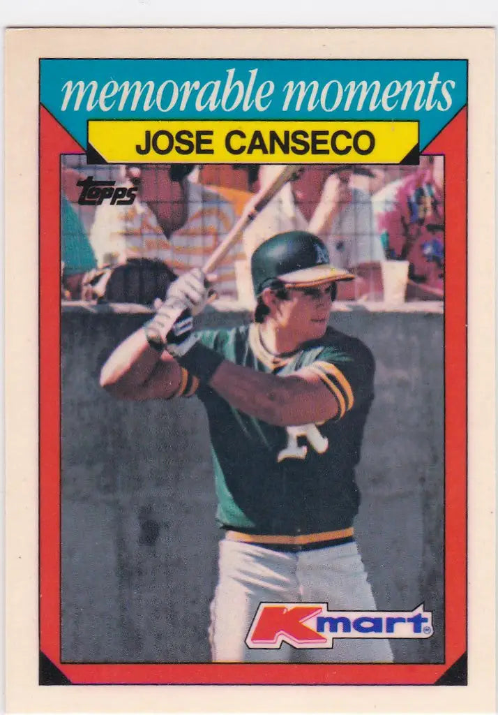 Baseball card of Jose Canseco in green and gold Oakland Athletics uniform at bat