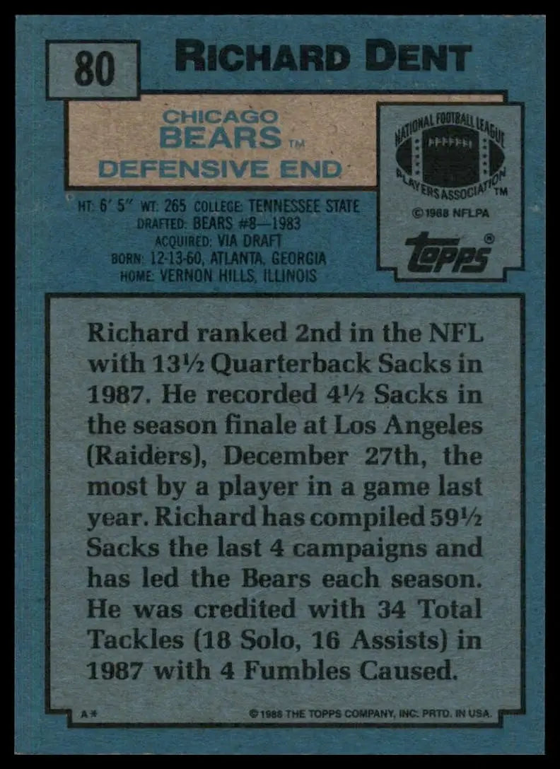 1988 Topps Richard Dent #80 Chicago Bears Football Card NFL Sports - Football Card Single